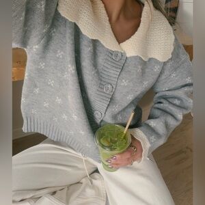 NEW Jacqui E The Label Gray and Cream Georgia Collar Button Cardigan, Sz XS